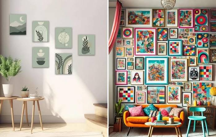 Perbandingan kontras antara ruang minimalis yang memberikan ketenangan visual dan ruang maksimalis yang memicu kreativitas melalui tumpukan karya seni.